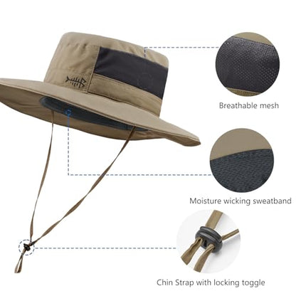 BASSDASH UPF 50+ Fishing Sun Hat Water Resistant Unisex Wide Brim Bucket Boonie Hat for Hiking Camping Safari FH15 - color: Dark Khaki, size: Large