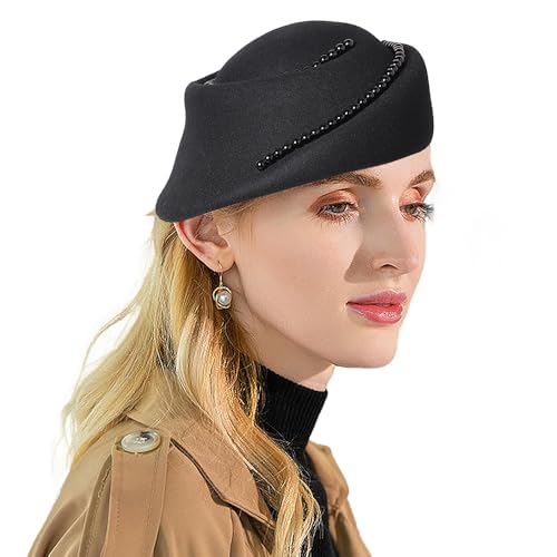 Small Top Hats for Women Elegant Winter Vintage Beret Wool Felt Fedoras Ladies Luxury Wedding and Church Cap Female - color: Black 2