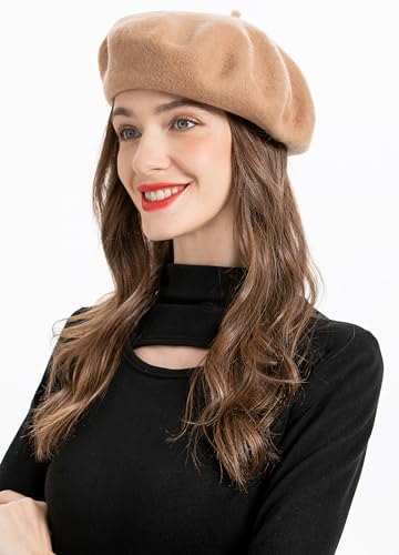 ZLYC Wool French Beret Hat Solid Color Classic Artist Cap for Women - color: Camel