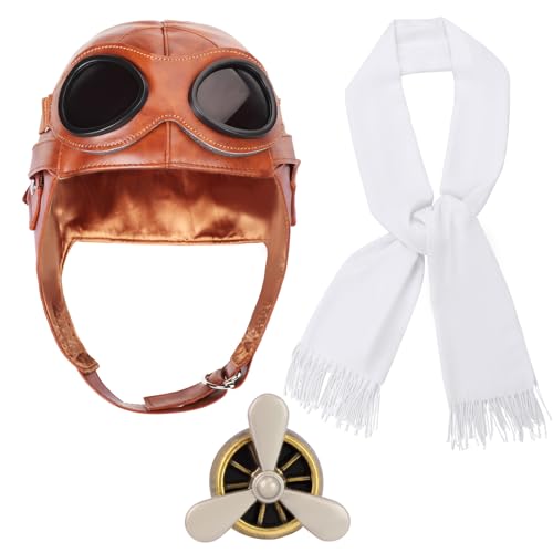 Kyson Aviator Costume 4Pcs 1920s Vintage Aviator Hat With Goggles White Scarf Brooch for Halloween Aviation Pilot Theme Party - color: Set B