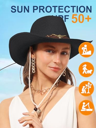 Straw Cowboy Sun Hat Western Cowgirl Women Men with Windproof Chin Strap - color: 블랙.