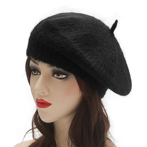 ZLYC Women French Beret Hat Winter Knitted Stretchable Beret Artist Cap - color: Plain Black