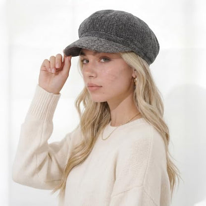 C.C Knitted Newsboy Cap for Women – Soft Knit Hat with Adjustable Velcro, Lightweight Warm Winter Style - color: Knitted-dk. Grey