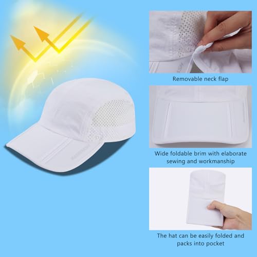 BASSDASH UPF 50+ Fishing Hat, Baseball Cap with Removable Neck Flap - color: White With Foldable Brim