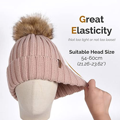 FURTALK Womens Winter Knitted Beanie Hat with Faux Fur Pom Warm Knit Skull Cap Beanie for Women - color: Pink