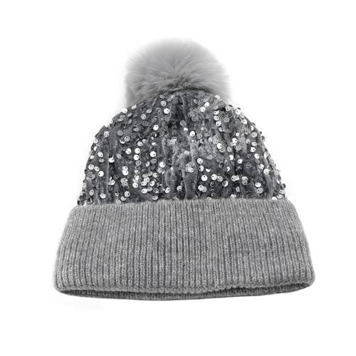 Women Sparkly Sequins Knitted Beanie Hat Warm Winter Skull Cap with Faux Fur Pom Pom - color: X Grey With Knit Cuffs