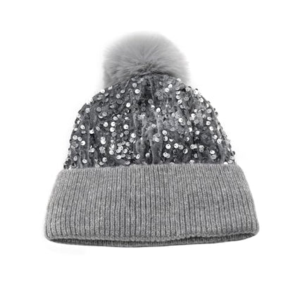 Women Sparkly Sequins Knitted Beanie Hat Warm Winter Skull Cap with Faux Fur Pom Pom - color: X Grey With Knit Cuffs