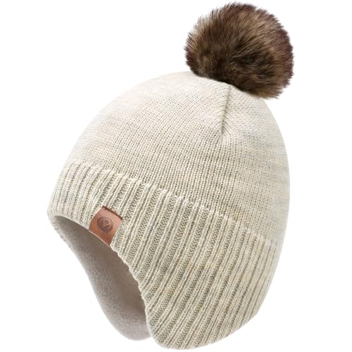 Duoyeree Kids Beanie Dinosaur Pom Pom Knit Winter Hat Fleece Lined for 1-7T - color: Beige, size: 4-7 Years