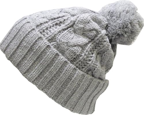 KBETHOS Women's Winter Warm Thick Oversize Knitted Beanie Hat with Pom Pom - color: Light Gray Cable Knit Pom Beanie