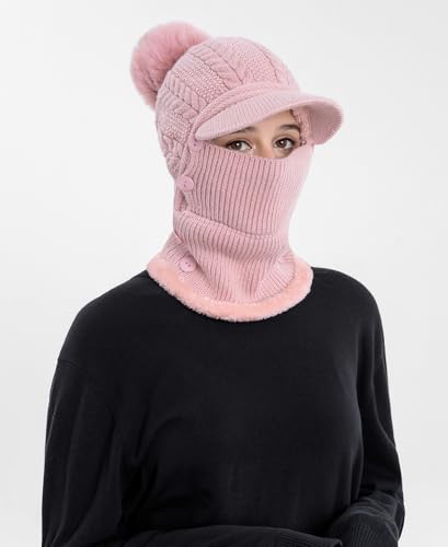 HUAMULAN Women Cable Knit Balaclavas Winter Fleece Lined Beanie Hat - color: Pink With Pompom