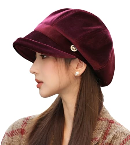 URAWOW Newsboy Cap for Women with Visor Fall Beret Hats for Women Ladies Slouchy Fashion Accessories Classic Casual - color: Style a Wine Red