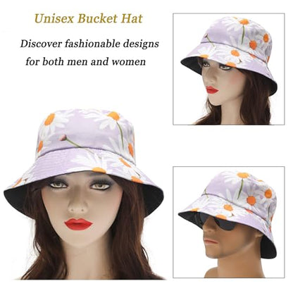 ZLYC Printed Bucket Hat for Women Men Packable Summer Sun Hat for Beach - color: Daisy Purple