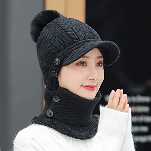 HUAMULAN Women Cable Knit Balaclavas Winter Fleece Lined Beanie Hat - color: Black With Pompom