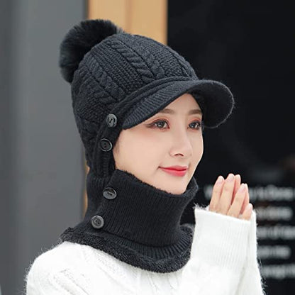 HUAMULAN Women Cable Knit Balaclavas Winter Fleece Lined Beanie Hat - color: Black With Pompom