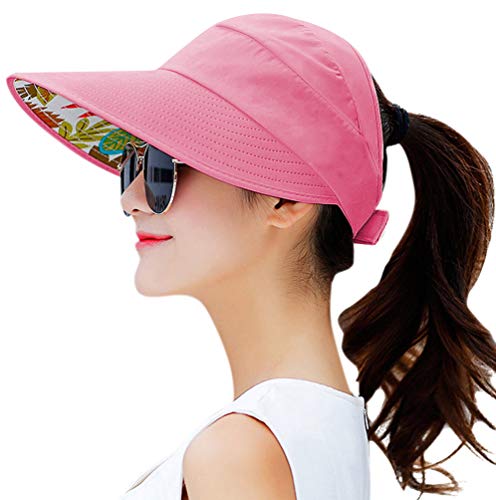 Sun Hats for Women Wide Brim UV Protection Sun Hat Summer Beach Packable Visor - color: Coral Red