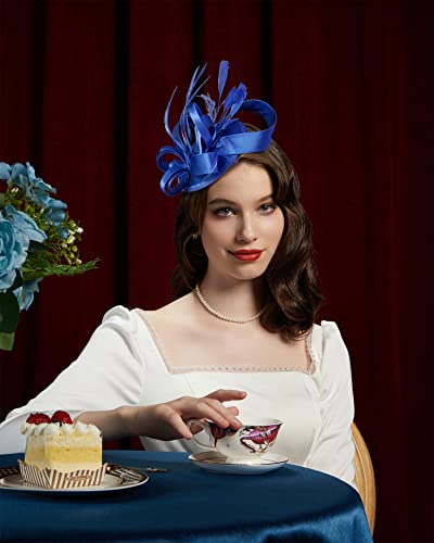 Kentucky Derby Fascinators for Women High Tea Party Hat Wedding Cocktail Flower Headware with Mesh and Feathers - color: Y-blue