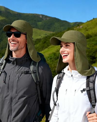 UPF 50+ Baseball Cap with Neck Flap, Breathable Fishing Hat for Men Adjustable Sun Hat for Golf Hiking - color: Olive Green