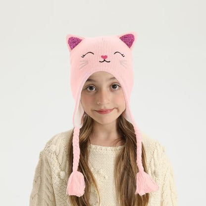 Toddler Girls Cat Ear Winter Hat Warm Knit Beanie Kids Earflap Cap for Cold Weather - color: Knitted Cat Purple