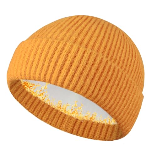 Heniho Wool Fleece Lined Fisherman Beanie for Men, Winter Warm Hats Cuffed Knit Watch Cap Trawler Hat - color: 1pack E- Yellow
