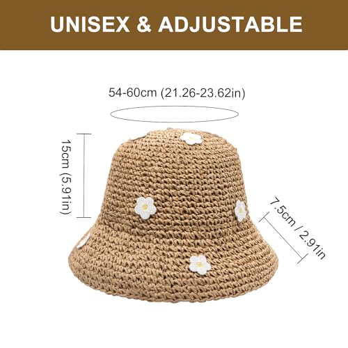 YAMEIZE Wide Brim Straw Bucket Hat - for Women UV Protection Packable Crochet Sun Hat Floral Foldable Beach Sun Cap Travel - color: Khaki