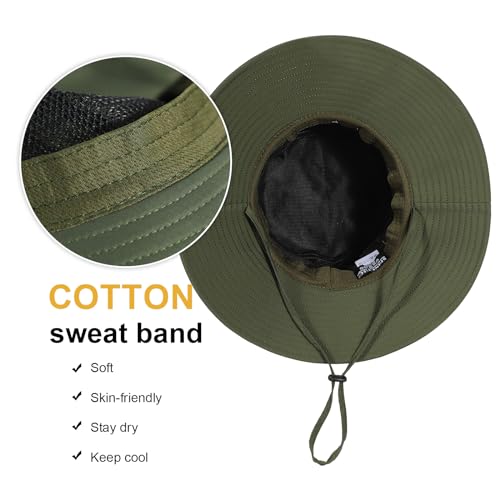 Bucket Sun Hat for Women Wide Brim Breathable Mesh UPF50+ Safari Hat Criss Cross Ponytail Hole Outdoor Rain Hat - color: Army Green