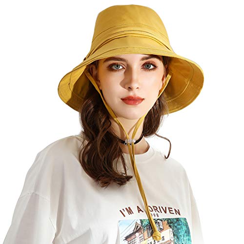 URSFUR Women Summer Sun Large Brim Hats Foldable Beach Hat Cotton UPF 50+ Sun Protection Cap - color: Yellow