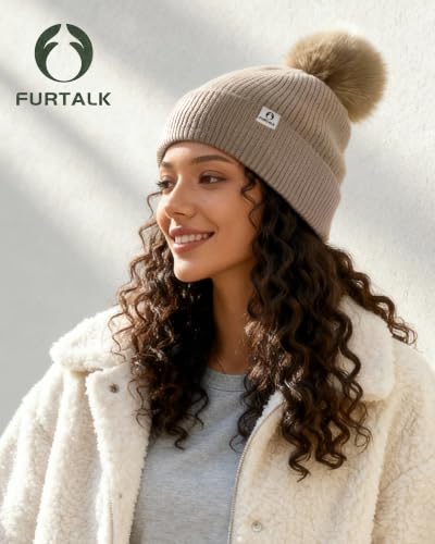 FURTALK Pom Pom Winter Hats for Women Fleece Lined Slouchy Warm Beanie Skull Cap - color: Light Khaki