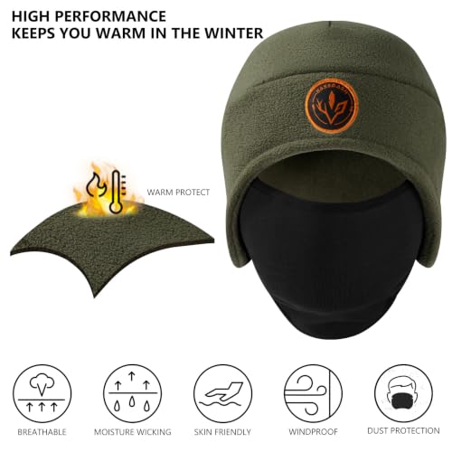 BASSDASH Unisex Soft Fleece 2-in-1 Hat with Mask Ear Flap - color: Army Green