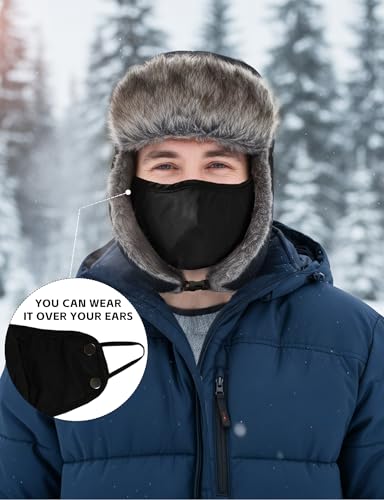 Buauty Fur Trapper Hat for Men Women Winter Windproof Soft Russian Ushanka Hats with Warm Ear Flaps & Removable Mask - color: Black