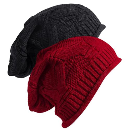 Senker Fashion 2 Pack Winter Beanie Hats for Women, Womens Slouchy Beanies - color: Burgundy Black