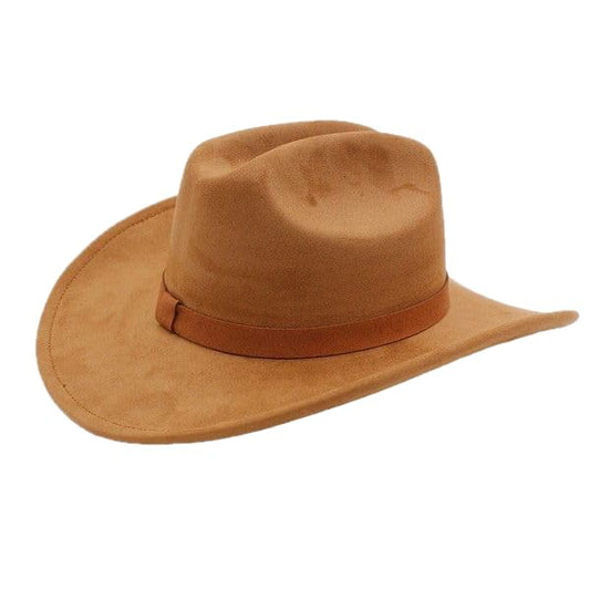 Faux Suede Cowboy Hat, Western Outback Fedora, Wide Brim, Cattleman Pinch Front Crown, Unisex Rancher Style, Water Resistant - color: Cognac