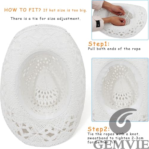 GEMVIE Men & Women's Summer Cowboy Cowgirl Straw Hat Hollow Out Style Roll Up Brim Cowboy Sun Hat - color: White