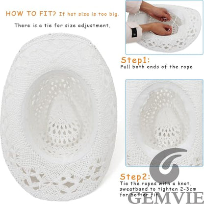 GEMVIE Men & Women's Summer Cowboy Cowgirl Straw Hat Hollow Out Style Roll Up Brim Cowboy Sun Hat - color: White