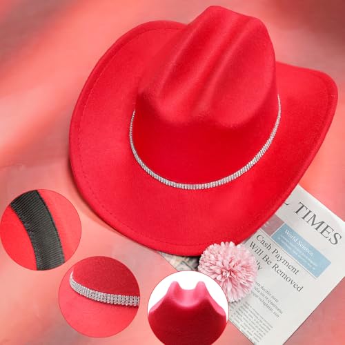 Cowboy Hat Rhinestone Cowgirl Boots Earrings Set Western Earring Felt Fedora Jazz Hat Rodeo Outfit for Women Size M - color: Tassel Red
