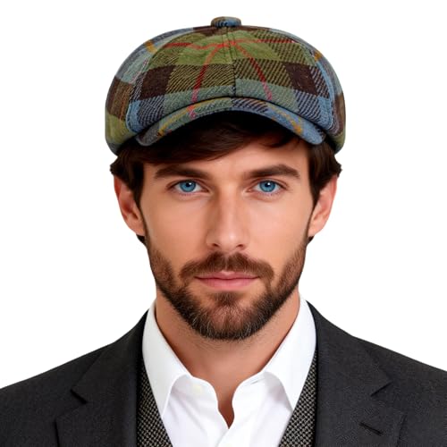 Men's Faux Woolen Tweed Plaid Ivy Cabbie Gatsby Newsboy Golf Paperboy Hat Cap - color: Green