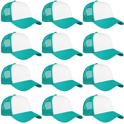 Falari 12 Pack Bulk Wholesale Mesh Trucker Hats 5 Panel and 6 Panel Baseball Caps for Men and Women - color: 5 Panel - Turquoise