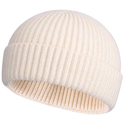 ROYBENS Swag Wool Knit Cuff Short Fisherman Beanie for Men Women Winter Hat - color: 1pcs-beige
