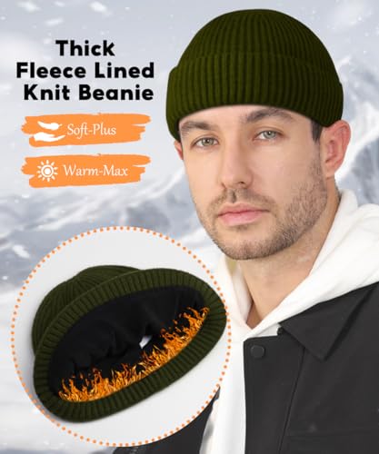 Heniho Wool Fleece Lined Fisherman Beanie for Men, Winter Warm Hats Cuffed Knit Watch Cap Trawler Hat - color: 1pack D- Army Green