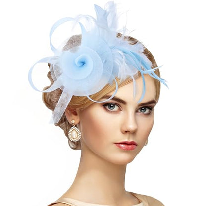 Zinniday Victorian Feather Fascinators Hats - 2025 Derby Attire Headwear with Hairpin,1920s Tea Party Hat for Woman - color: Light Blue