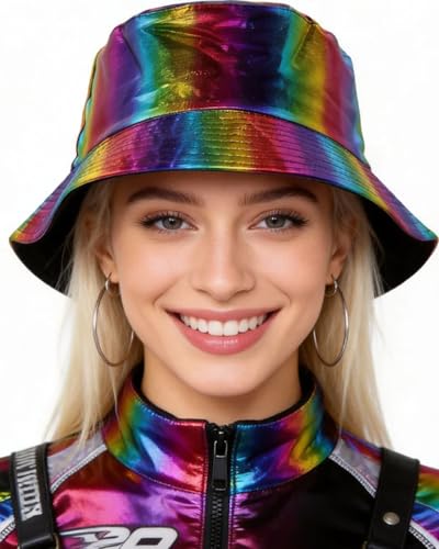 BOLLEY JOSS Unisex Holographic Bucket Hat Reversible Double-Side-Wear Bucket Hat Waterproof Outdoor Travel Sunhat Punk Hats - color: Rainbow, size: Medium