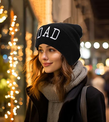 Letter Embroidered Beanie Hat Thanksgiving Gift Cuffed Skull Cap Knit Winter Warm Watch Hats for Women, Men - color: Dad Embroidered Black Hat