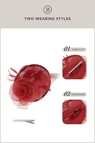 BABEYOND Fascinators Hats for Women Tea Party Mesh Flower Pillbox Derby Hat - color: Red