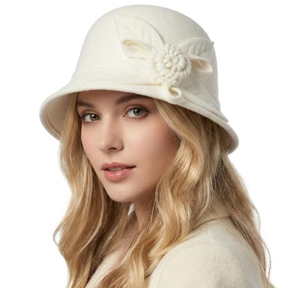 Woolen Cloche Hat for Women, Flower Winter Warm Bucket Cap - color: White