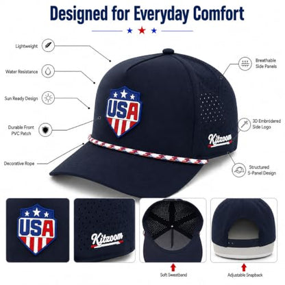 Patriotic Golf Rope Hat for Men, 5 Panel Adjustable Snapback Outdoor Cap - color: Navy Blue