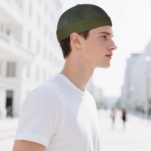Mens Mesh Brimless Cap with No Brim, Summer Docker Cap Beanie Hat Flip Sailor Skullcap Breathable - color: Dark Green