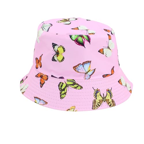Reversible Packable Butterfly Print Bucket Hat for Men, Women, Girls, Boys - color: Pink
