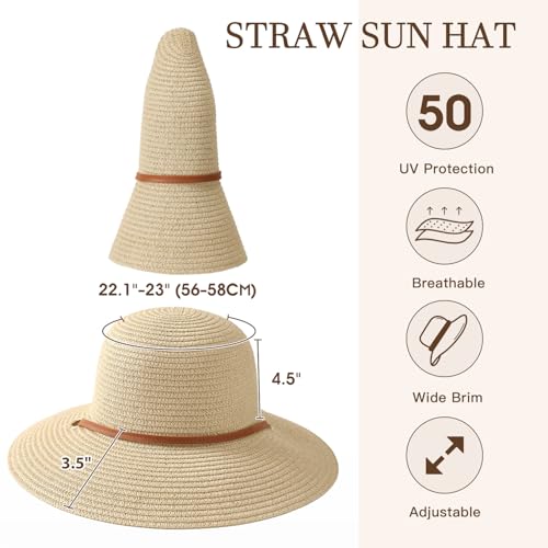 Beach Hat for Women, Wide Brim Sun Straw, UPF 50+ Foldable Floppy Sun Hat - color: B-10.5cm,beige