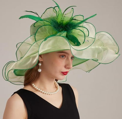 Women Derby Church Hat Organza Flower Wedding Tea Party Fascinator Wide Brim Sun Hat - color: 16-light Green
