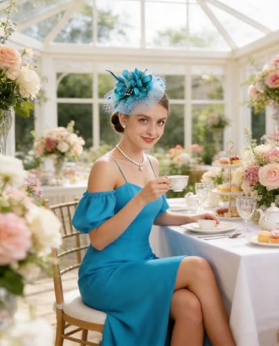 Z&X Sinamay Fascinator Hat Floral Feather Pillbox Derby Hats for Women Wedding Tea Party with Headband Clip - color: 024- Lake Blue