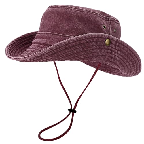 Unisex Cotton Boonie Hat Summer Fishing Bucket Hat Sun Hat with String - color: Retro Burgundy